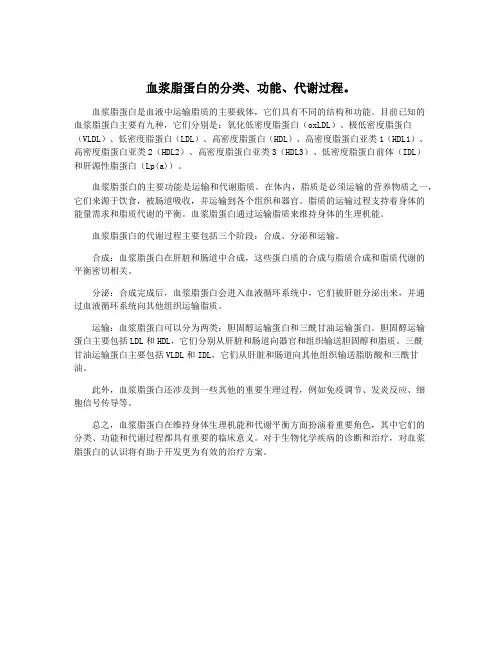 血浆脂蛋白的分类、功能、代谢过程。