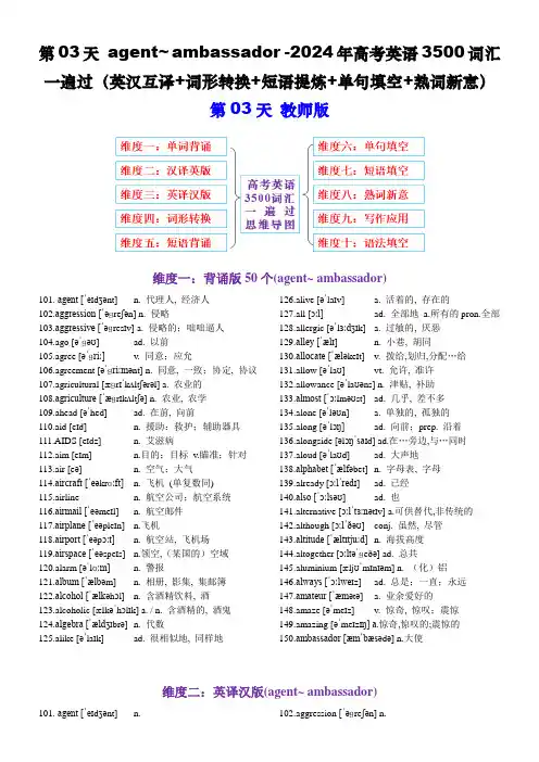 第03天agent~ambassador-2024年高考英语3500词汇过(英汉互译词形转换短语提炼