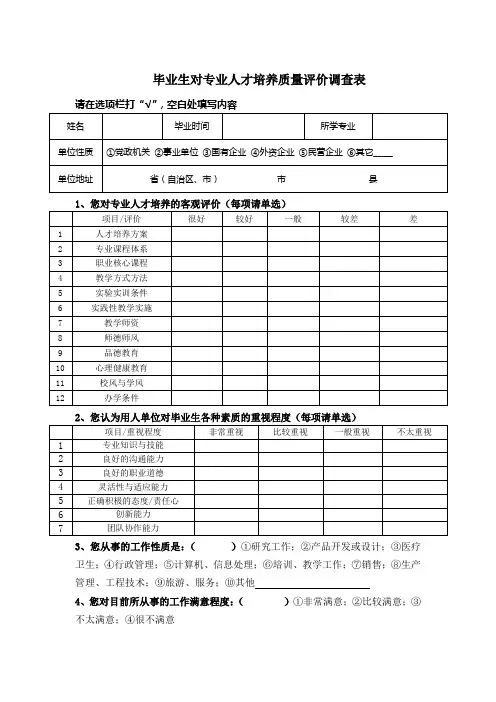 毕业生对人才培养质量评价调查表