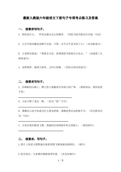 最新人教版六年级语文下册句子专项考点练习及答案
