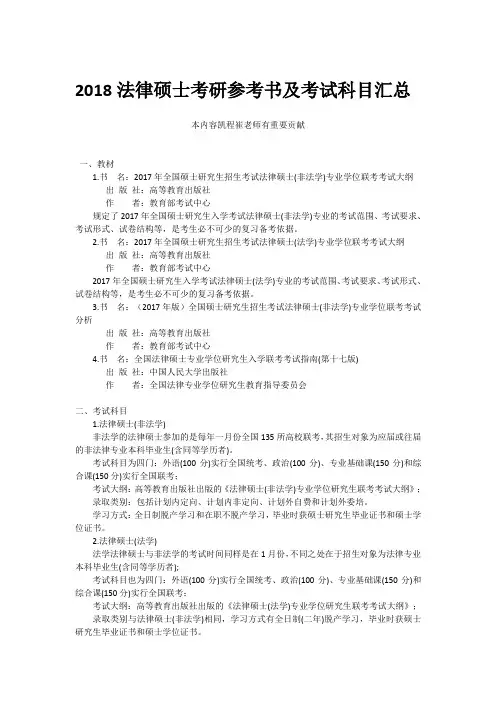 2018法律硕士考研参考书及考试科目汇总