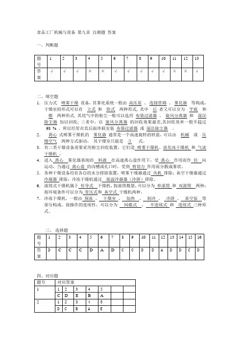 食品工厂机械与设备 第九章 自测题 答案