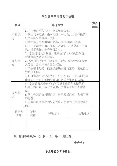学生课堂学习情况评价表