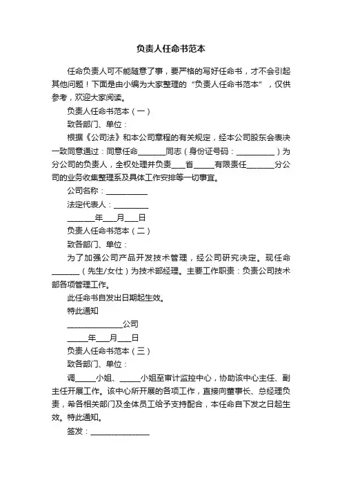 负责人任命书范本