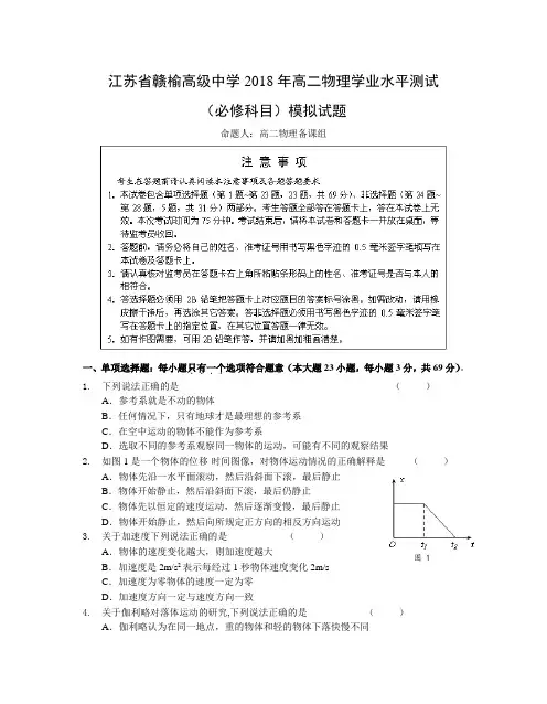 2018年高二物理学业水平测试(必修科目)模拟试题(无答案)
