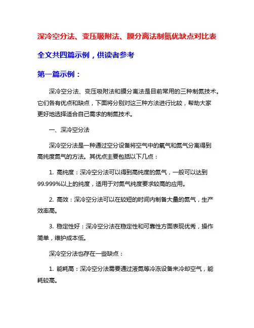 深冷空分法、变压吸附法、膜分离法制氮优缺点对比表