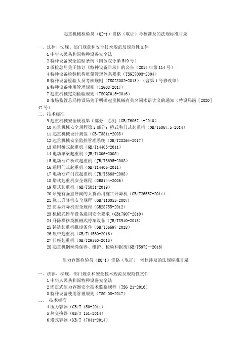 起重机械检验员QZ-1资格取证考核涉及的法规标准目录