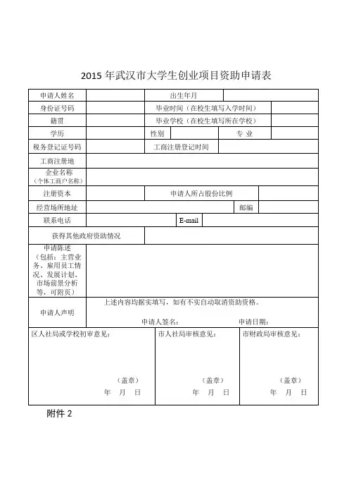 2015年武汉大学生创业项目资助申请表