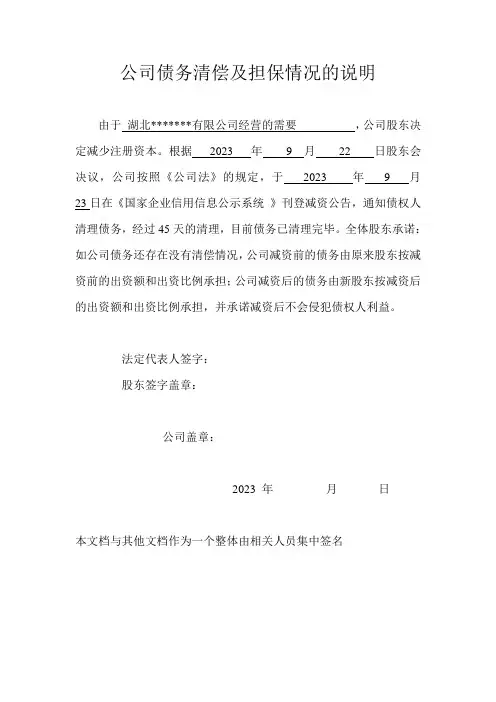 公司债务清偿及担保情况的说明(适用于减资)模版