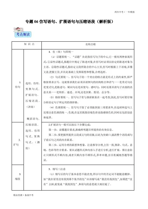 两年中考模拟2020年中考语文06 仿写语句、扩展语句与压缩语段(教师版)山东