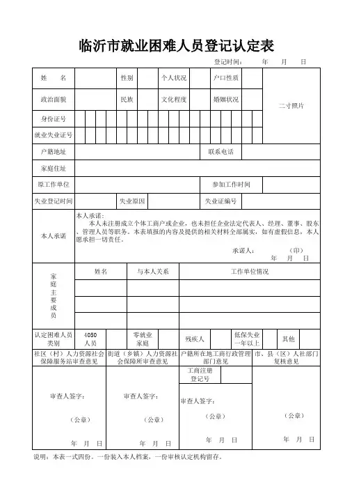 临沂市就业困难人员登记认定表