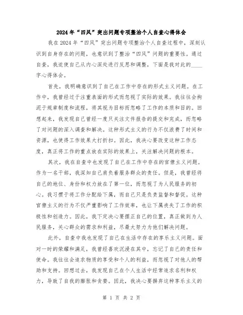 2024年“四风”突出问题专项整治个人自查心得体会