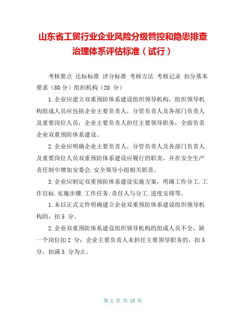 山东省工贸行业企业风险分级管控和隐患排查治理体系评估标准(试行)