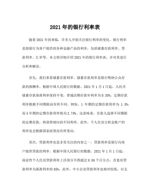 2021年的银行利率表