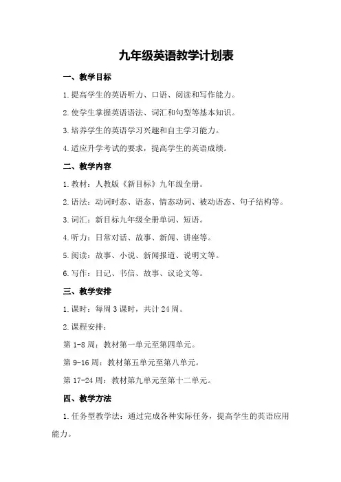 九年级英语教学计划表