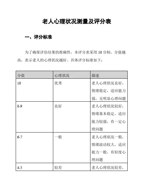 老人心理状况测量及评分表