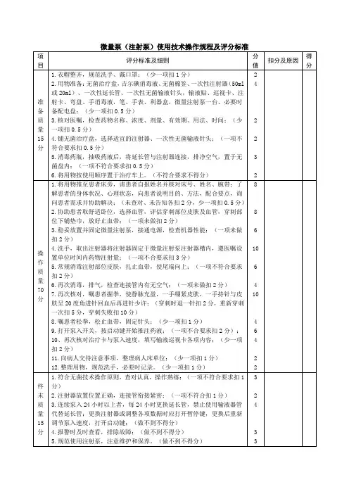 微量泵(注射泵)使用技术操作规程及评分标准