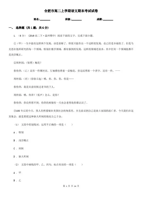 合肥市高二上学期语文期末考试试卷