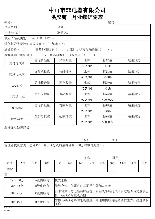 供应商    月业绩评定表