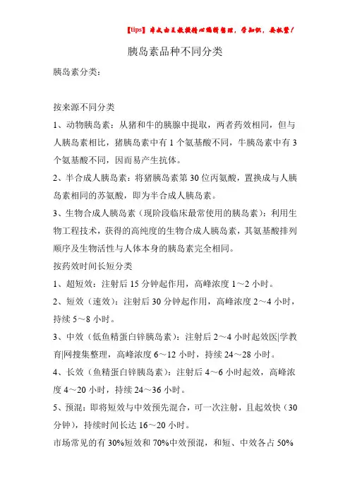 胰岛素品种不同分类