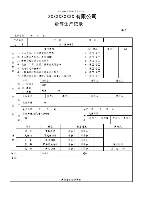 中药饮片——粉碎生产记录