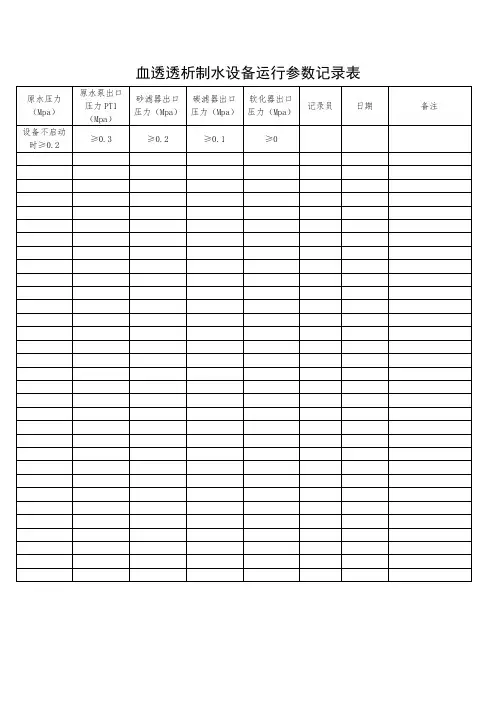血透透析制水设备运行参数记录表