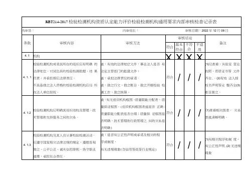 RBT214-2017检验检测机构资质认定能力评价检验检测机构通用要求内部审核检查记录表