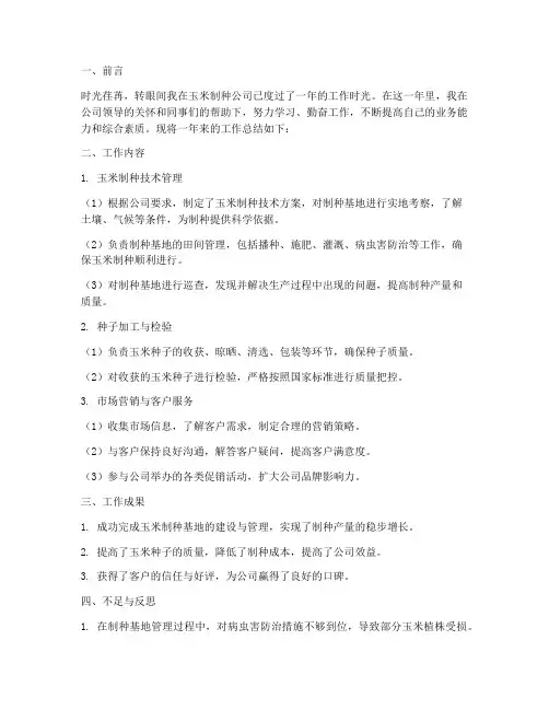 玉米制种公司个人工作总结