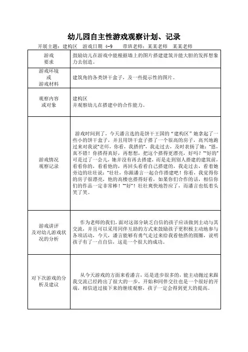 示范优质幼儿园自主性游戏观察计划、记录表-观察幼儿在搭建中的合作能力