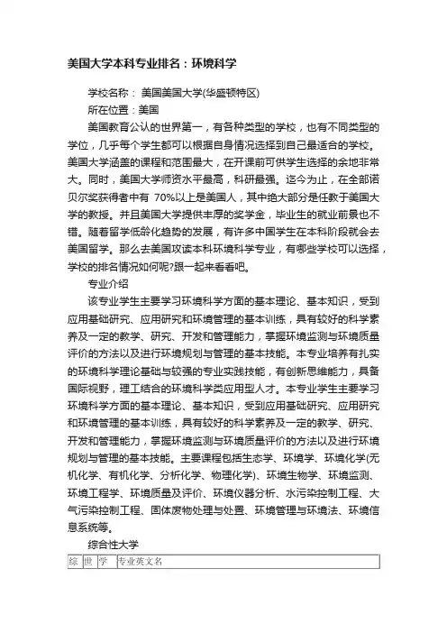 美国大学本科专业排名：环境科学