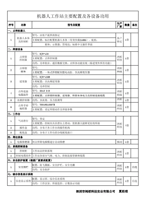 机器人工作站主要配置及各设备功用
