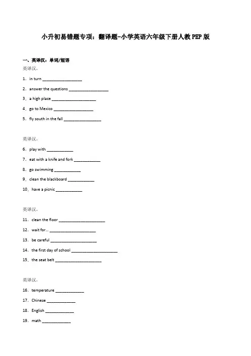 小升初易错题专项：翻译题-小学英语六年级下册人教PEP版