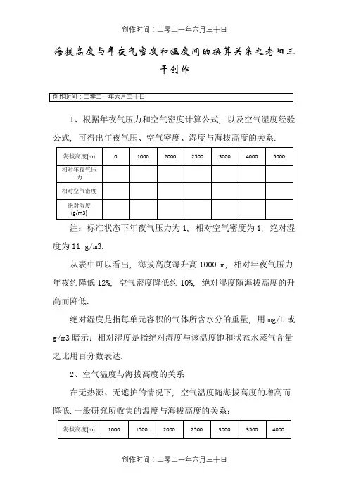 海拔与大气密度和温度间的换算关系
