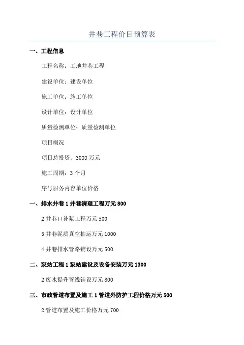 井巷工程价目预算表