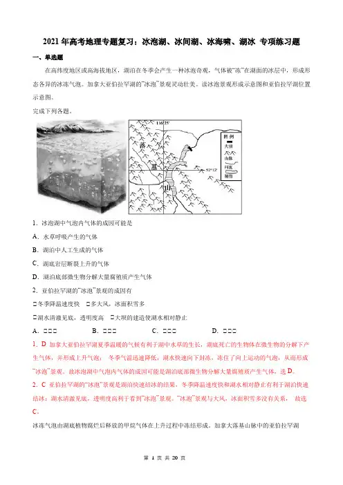 2021年高考地理专题复习：冰泡湖、冰间湖、冰海啸、湖冰 专项练习题(含答案解析)