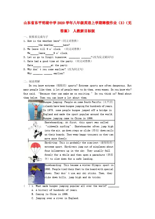山东省东平明湖中学2020学年八年级英语上学期寒假作业(3)(无答案) 人教新目标版