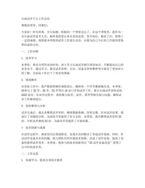 石油试井个人工作总结怎么写