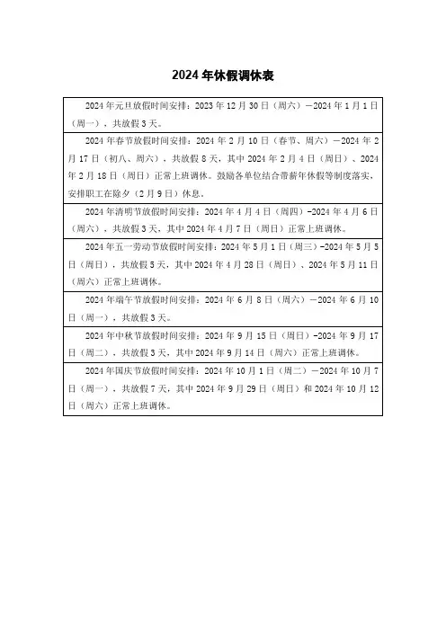 2024年休假调休表
