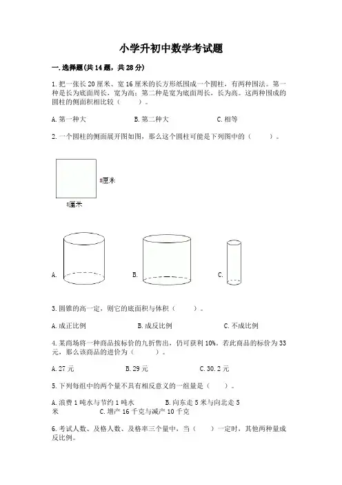 小学升初中数学考试题带答案(满分必刷)