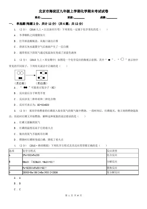 北京市海淀区九年级上学期化学期末考试试卷