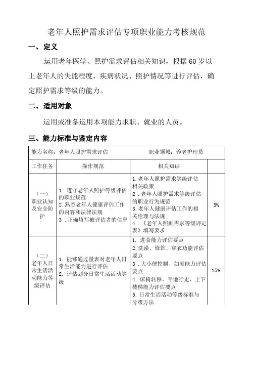 老年人照护需求评估专项职业能力考核规范