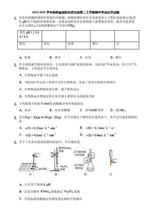 2022-2023学年陕西省咸阳市武功县高二上学期期中考试化学试题