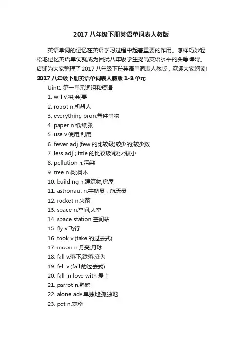 2017八年级下册英语单词表人教版