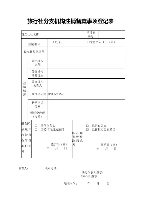 旅行社分支机构注销备案事项登记表