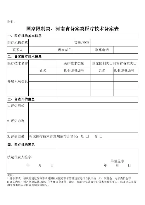 国家限制类、河南省备案类医疗技术备案表