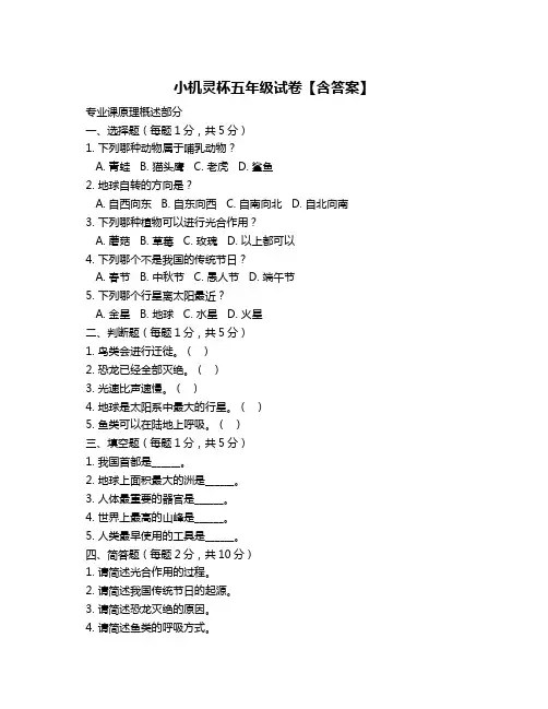 小机灵杯五年级试卷【含答案】