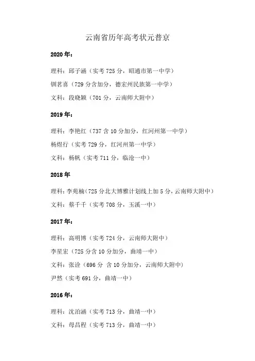 云南省历年高考状元普京