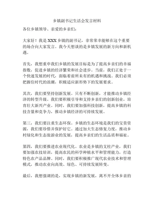 乡镇副书记生活会发言材料