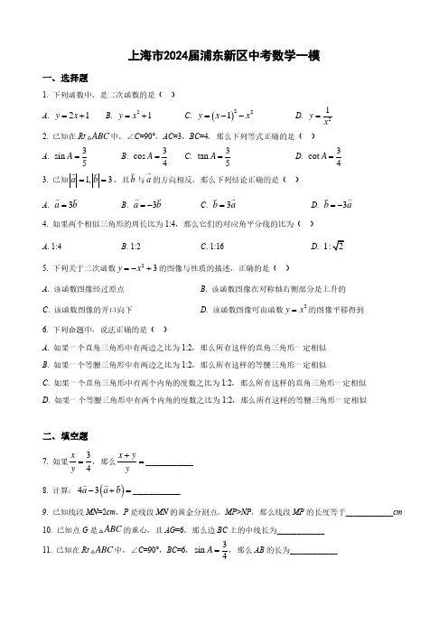 上海市2024届浦东新区中考数学一模