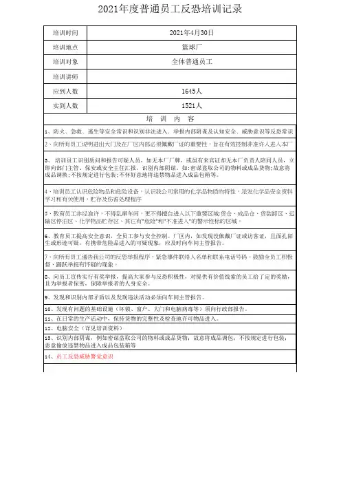 普通员工反恐培训记录表